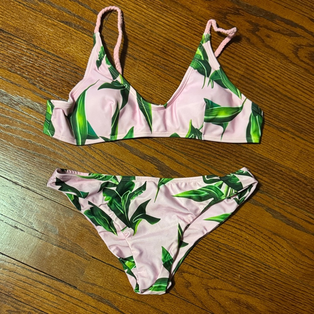 Pink and Green Leaf Print Bikini Set